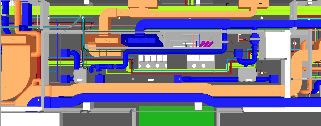 Healthcare duct routing before MEP BIM coordination — HVAC ductwork clashing with fire protection sprinkler pipework